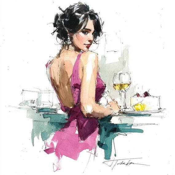 15 Watercolor Fashion Illustrations, Elegant Women with Wine and Cake, — view 3 — watercolor clipart transparent PNG instant download