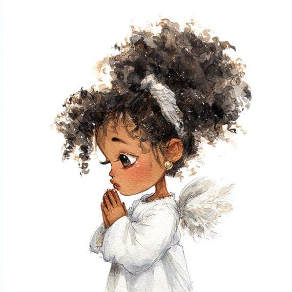 20 Whimsical Praying Afro Angel Girl PNG Clipart, Black Angel Illustra β view 2 β watercolor clipart transparent PNG instant download