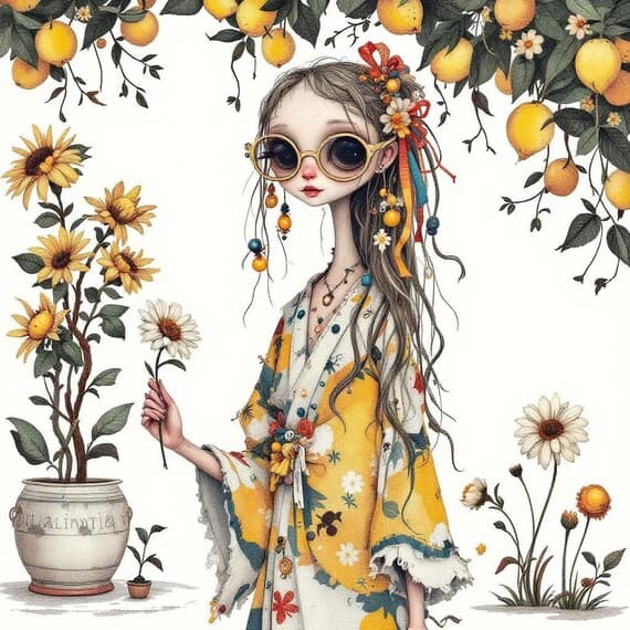 Lemon Girl Clipart – Italy — view 4 — watercolor clipart transparent PNG instant download