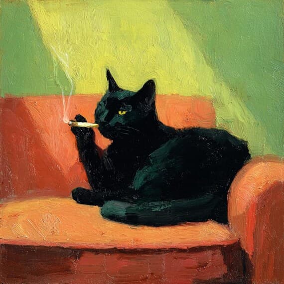 Funny Black Cat Smoking Oil Painting Clipart, Quirky Pet Art (Digital β watercolor clipart transparent PNG instant download