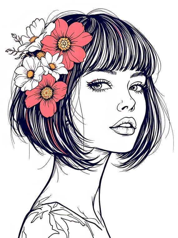 Floral Woman Line Art β view 3 β watercolor clipart transparent PNG instant download