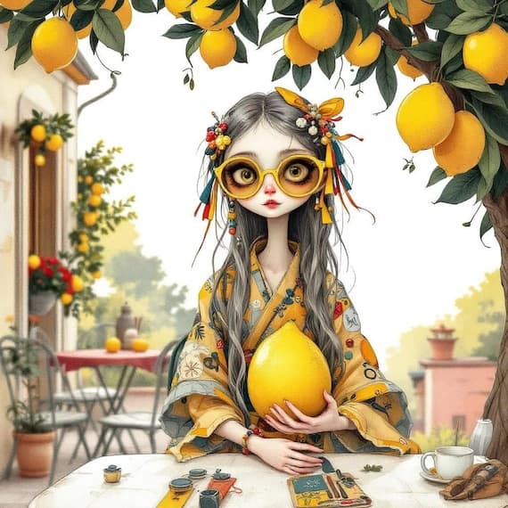 Lemon Girl Clipart – Italy — view 2 — watercolor clipart transparent PNG instant download