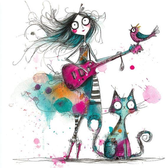 Whimsical Rockstar Girl Clipart β view 6 β watercolor clipart transparent PNG instant download