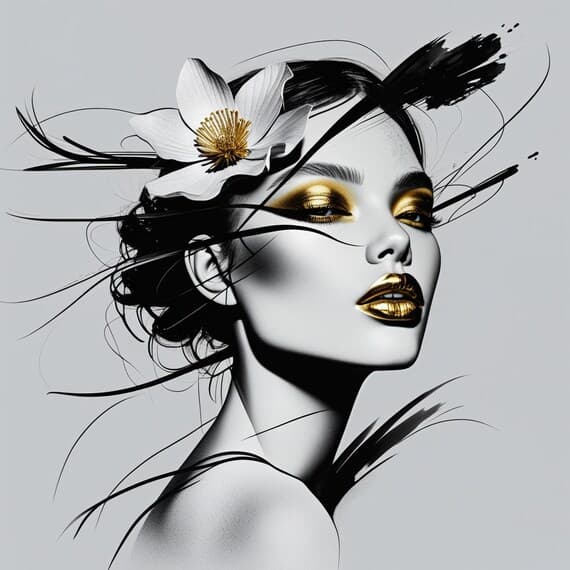 Black and Gold Woman Portraits β view 8 β watercolor clipart transparent PNG instant download