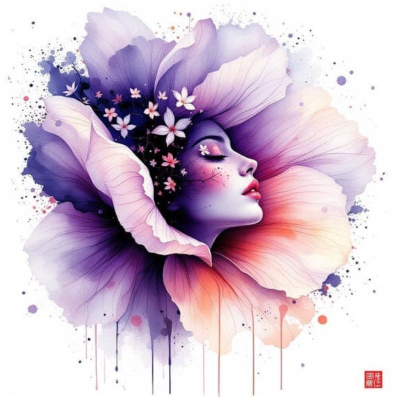 Floral Woman Face Watercolor Clipart – Violet PNG Images (Digital Down — view 8 — watercolor clipart transparent PNG instant download
