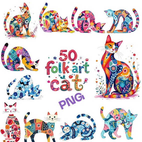 Folk Art Cat PNG Bundle — watercolor clipart transparent PNG instant download