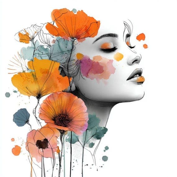 20 Floral Woman Faces Clipart (JPG) – Watercolor Line Art Portraits fo — view 8 — watercolor clipart transparent PNG instant download