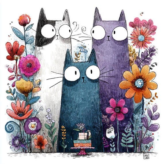 15 Quirky Cat Clipart (JPG) – Whimsical Floral Cats Illustration — watercolor clipart transparent PNG instant download