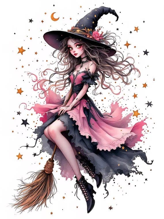 Whimsical Witch Clip Art β view 4 β watercolor clipart transparent PNG instant download